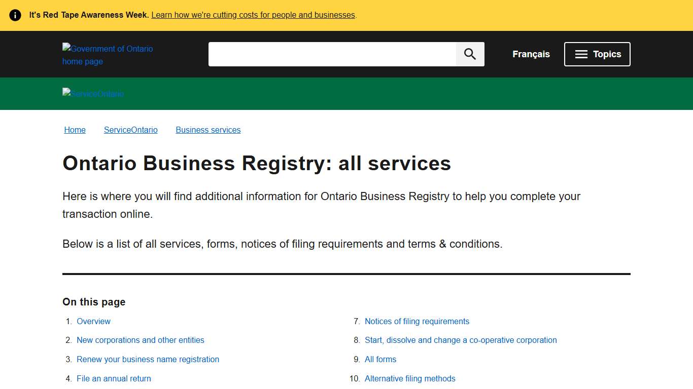 Ontario Business Registry: all services ontario.ca